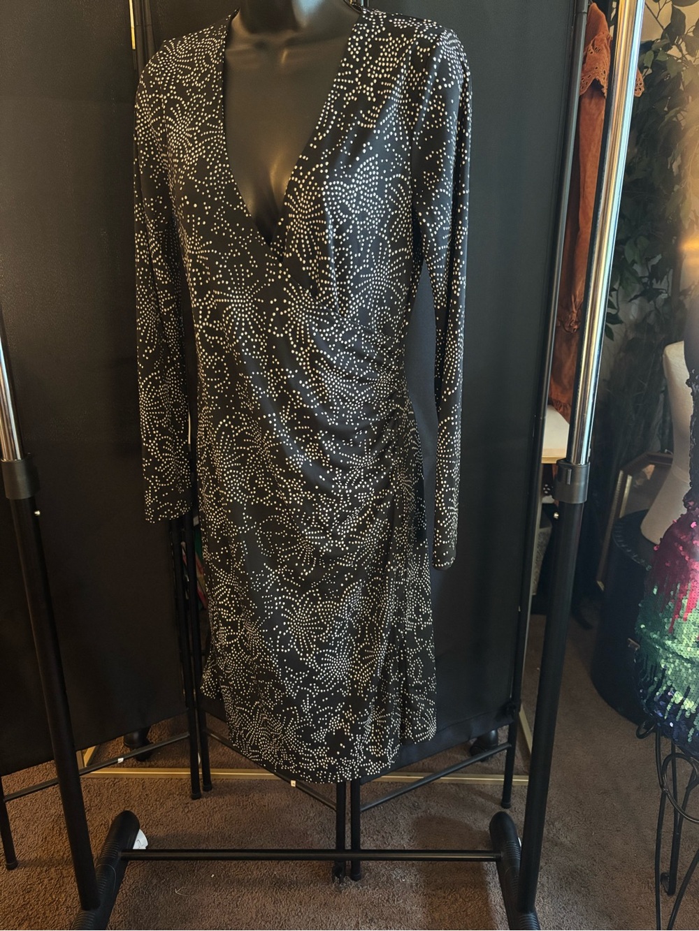 Black Long-Sleeve V-Neck Ruched Wrap Dress with Silver Dot Print